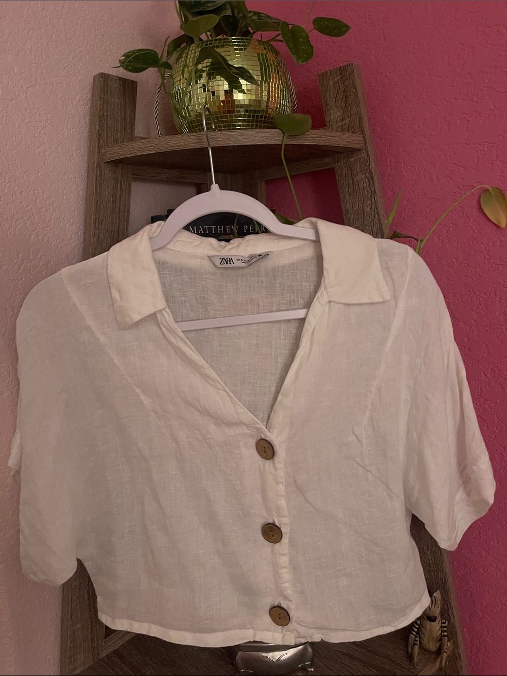 Zara White Linen Short-Sleeve Button Crop Shirt